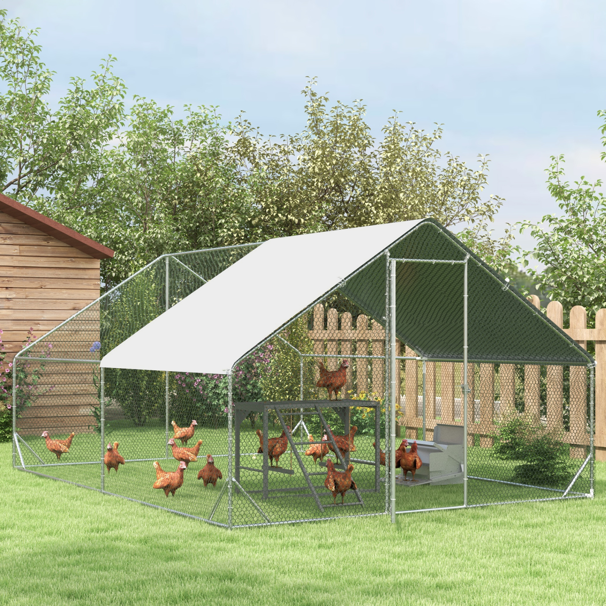 Walk In Chicken Run Large Galvanized Chicken Coop w/ Cover 3 x 4 x 2m Pawhut