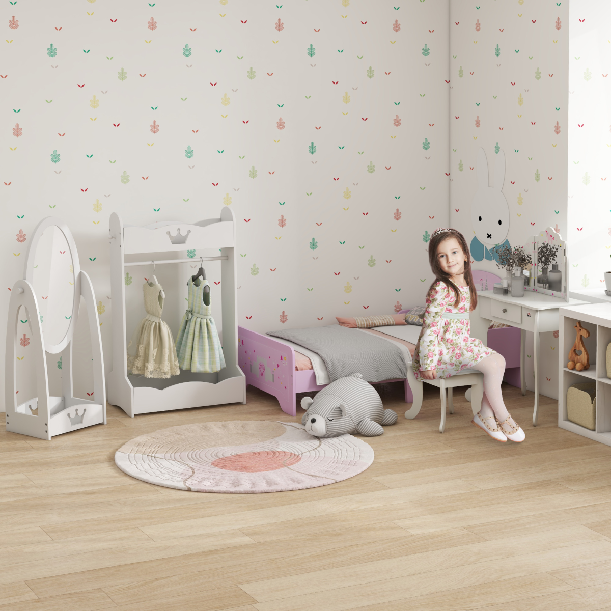 Kids Vanity Table & Stool Girls Dressing Set w/ Rotatable Mirror Drawer HOMCOM