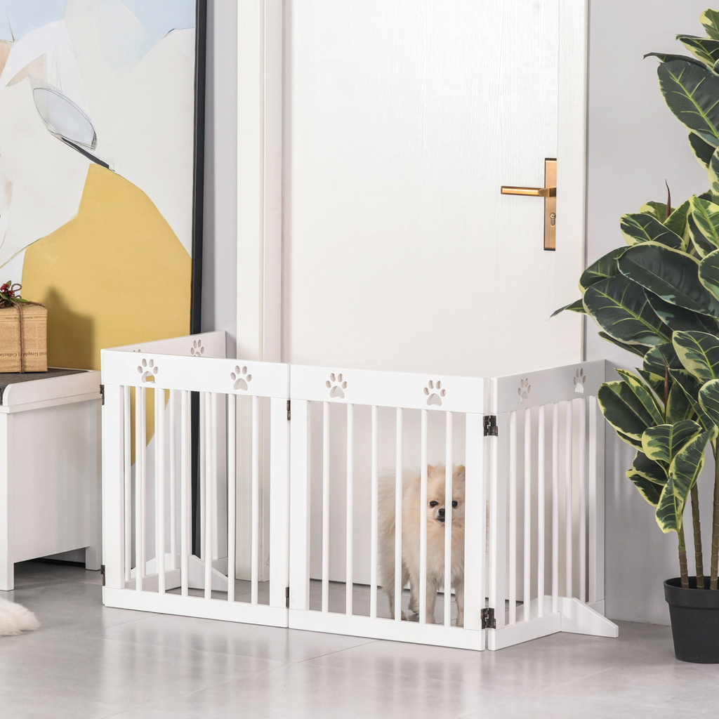 Freestanding Pet Gate 4 Panel Folding Wooden Dog Barrier w/ Support Feet