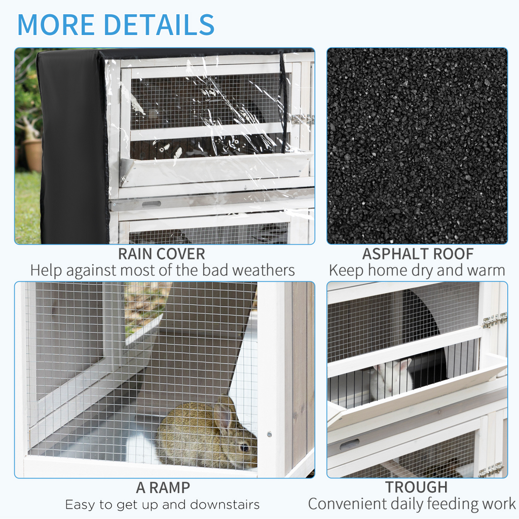 Two-Tier Wooden Rabbit Hutch w/ Wheels, Trough, Rain Cover, Tray - Grey Pawhut