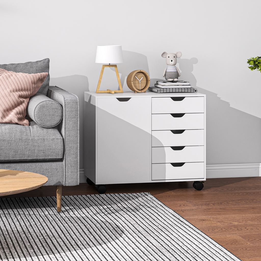 HOMCOM Modern Mobile 5-Drawer Cabinet w/ Door, Office Storage Cabinet White