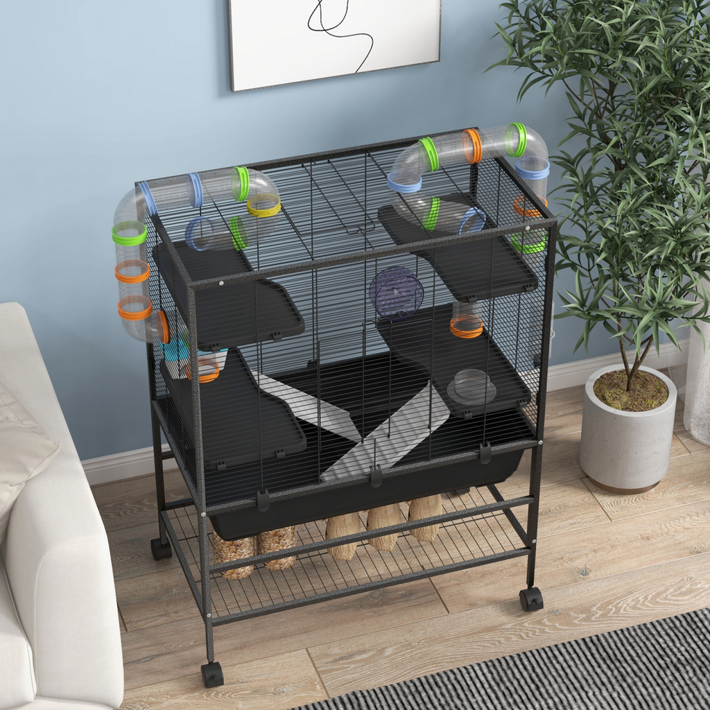 PawHut Large Hamster Cage, Rat Cage with Wheels, Tubes, Storage Shelf, Ramps