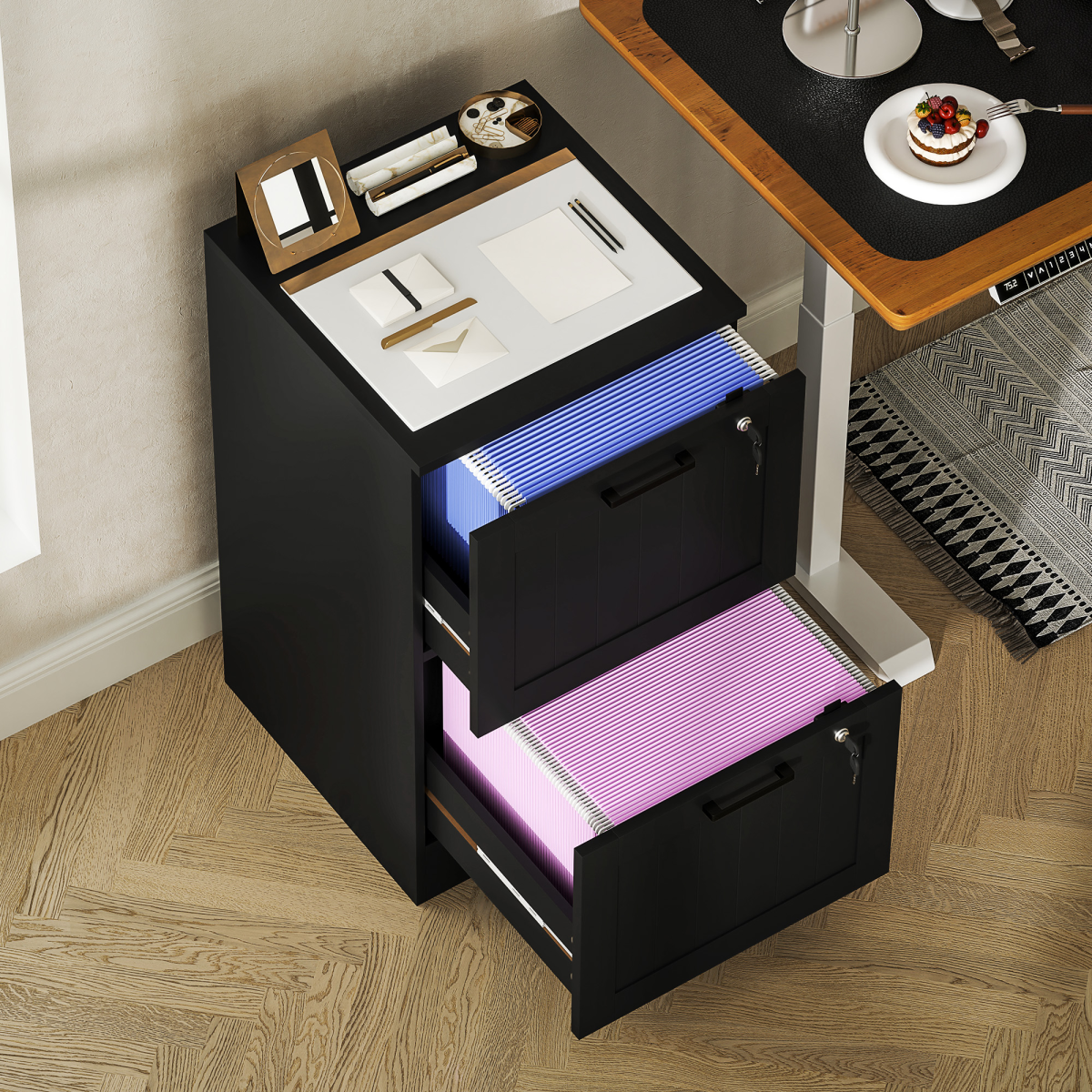 HOMCOM 2 Drawer File Cabinet with Lock and Adjustable Hanging Bars, Black