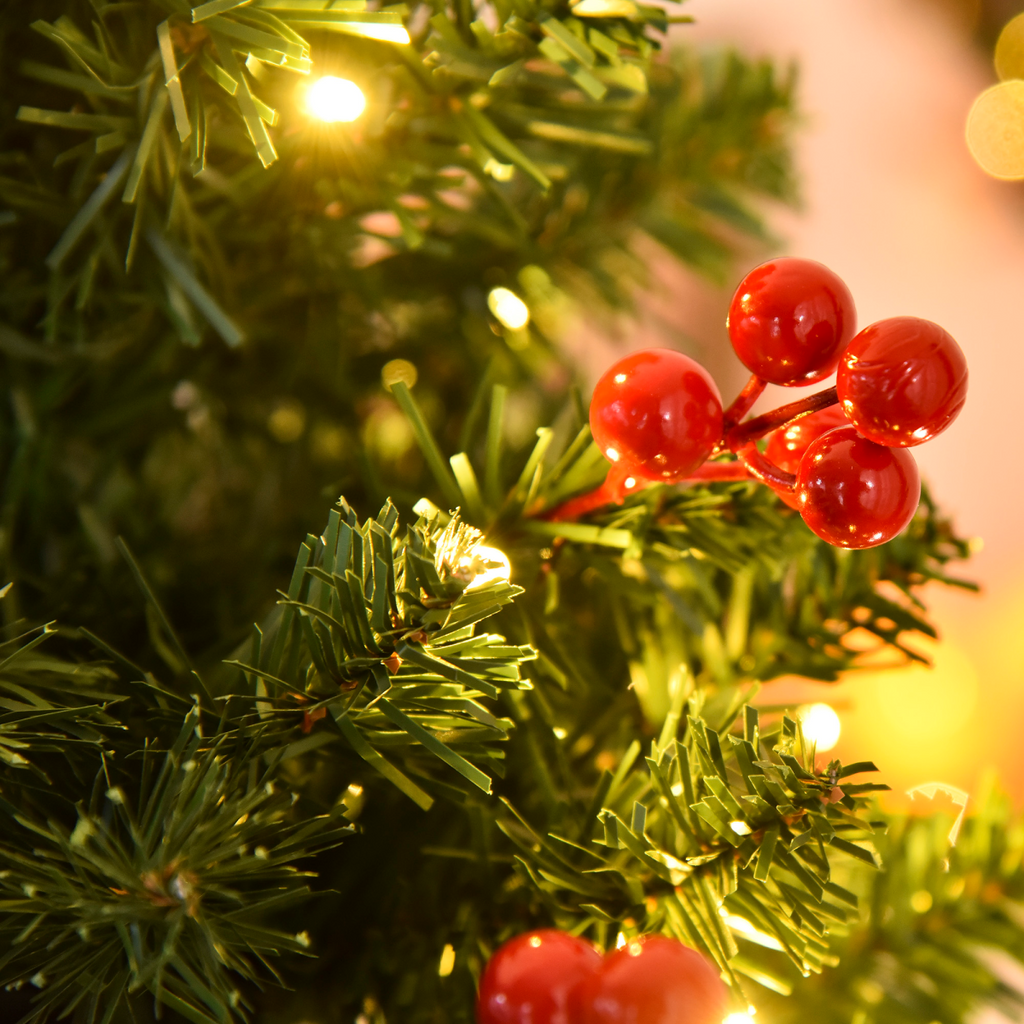 5FT Prelit Artificial Pencil Christmas Tree Warm White LED Red Berry Green