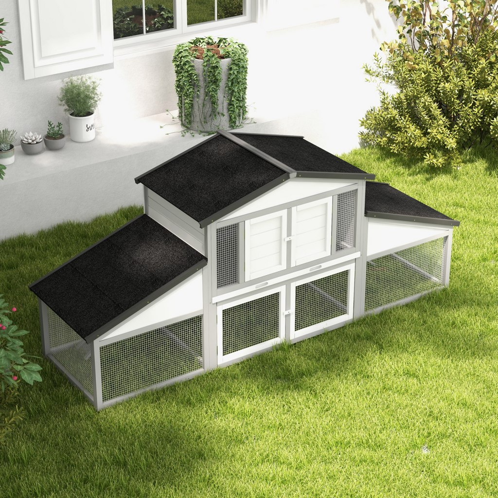 PawHut Large Rabbit Hutch with Run, Tray, Ramp, Wooden Guinea Pig House, Grey