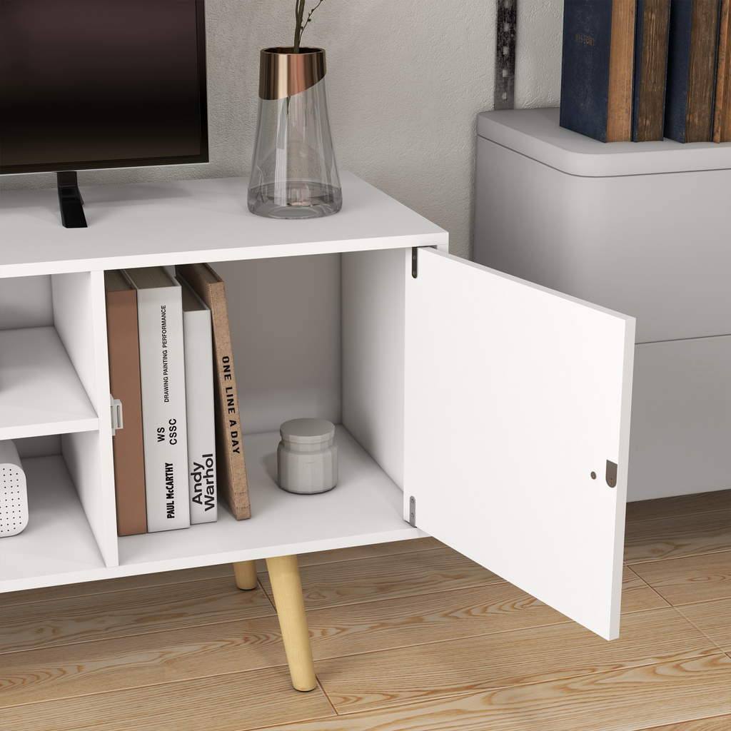 TV Stand Cabinet with Cable Management and Wood Legs Living Room, White