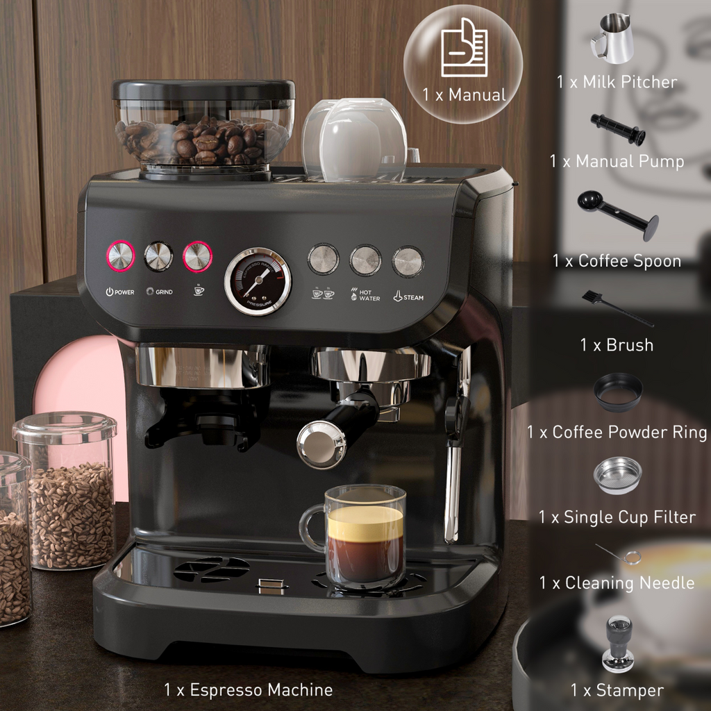 Espresso Coffee Machine with Integrated Bean Grinder & Steam Wand 15 Bar Pressure