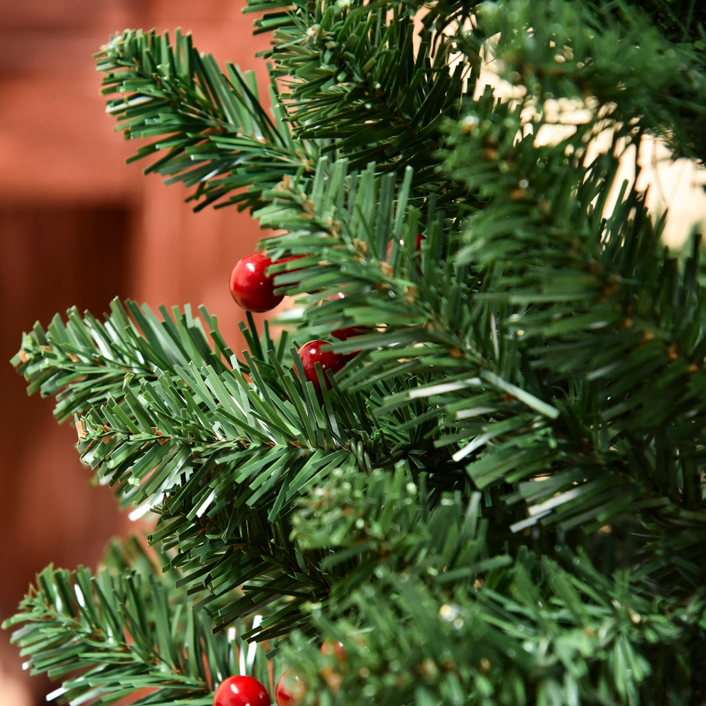 6FT Prelit Artificial Pencil Christmas Tree Warm White LED Red Berry Green