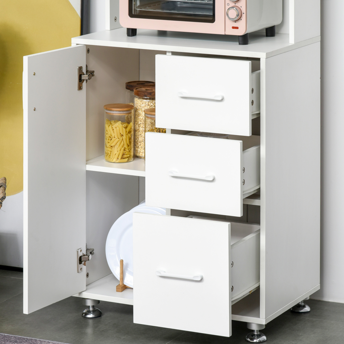Kitchen Buffet Storage,2 Cabinets, 3 Drawers , 60x40x150cm, White