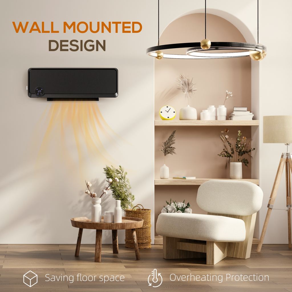 HOMCOM 1000W/2000W Wall Downflow Heater 10-49°C Temperature w/ Timer, Black