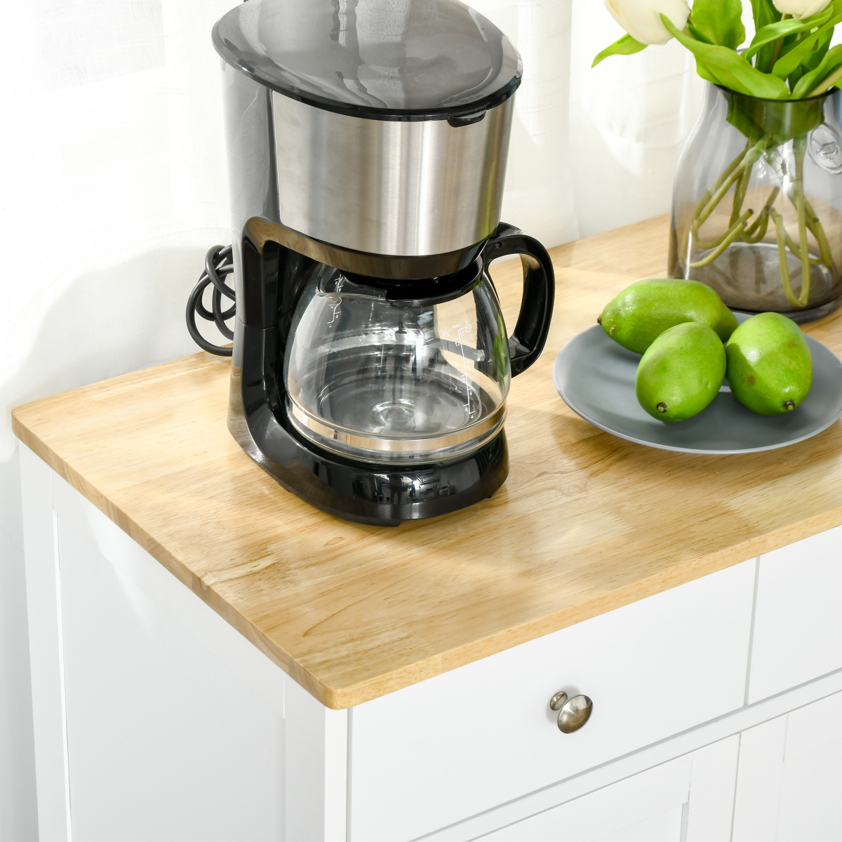 HOMCOM Rubber Wood Top Kitchen Cupboard Side Cabinet Island w/Adjustable Shelf