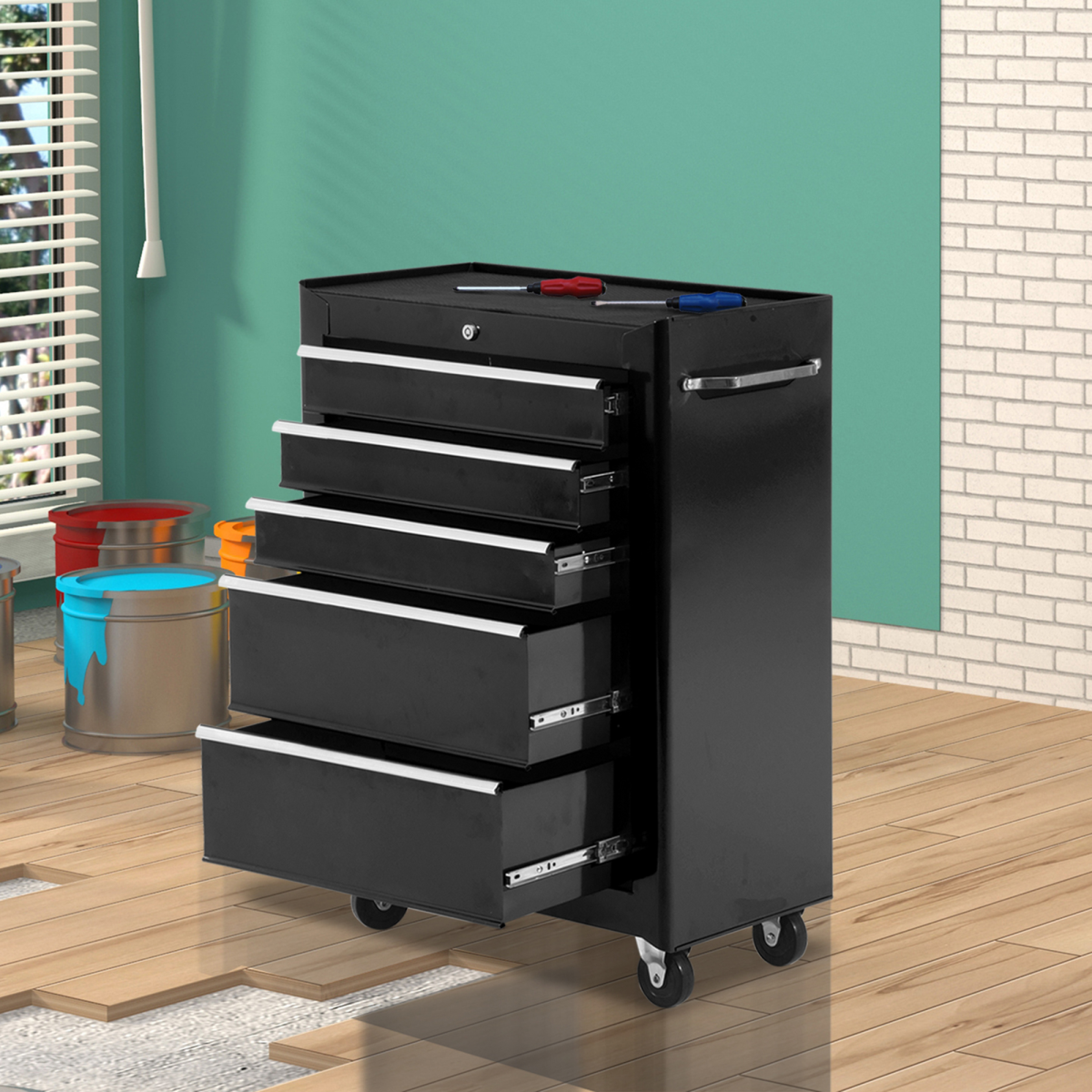 5-Drawer Lockable Steel Tool Storage Cabinet w/ Wheels Handle 2 Keys Black