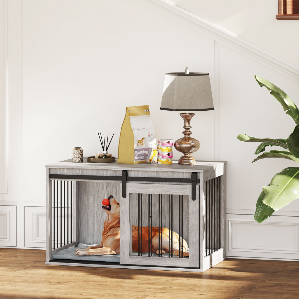 PawHut Dog Crate Furniture with Removable Cushion for Large Dogs - Grey