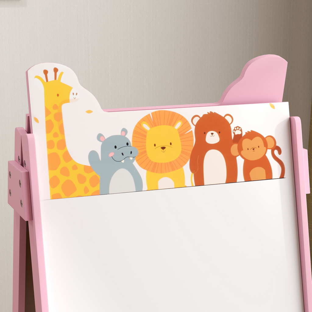 AIYAPLAY 2 in 1 Kids Easel with Whiteboard, Chalkboard, Storage Boxes, Pink