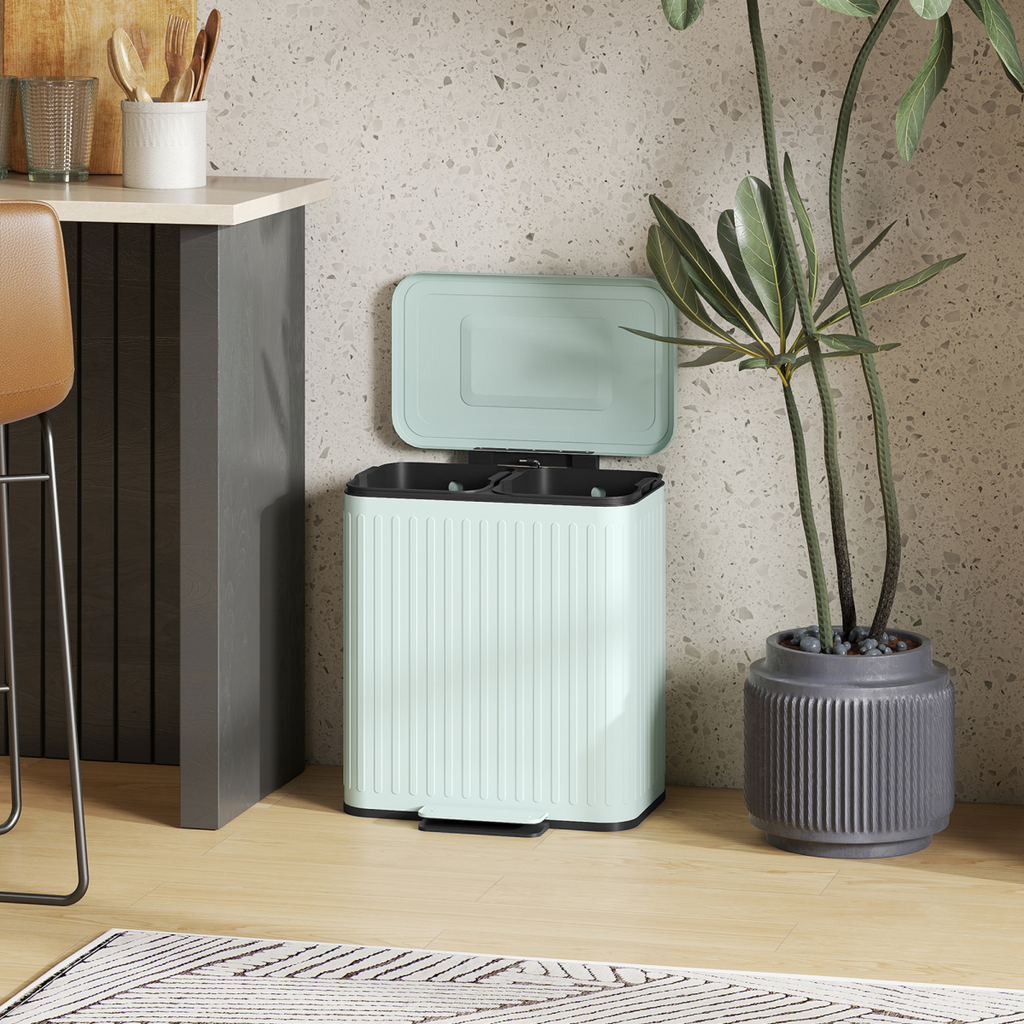 HOMCOM 2 x 20L Double Rubbish Bin, Pedal Bin with Soft-Close Lid, Green