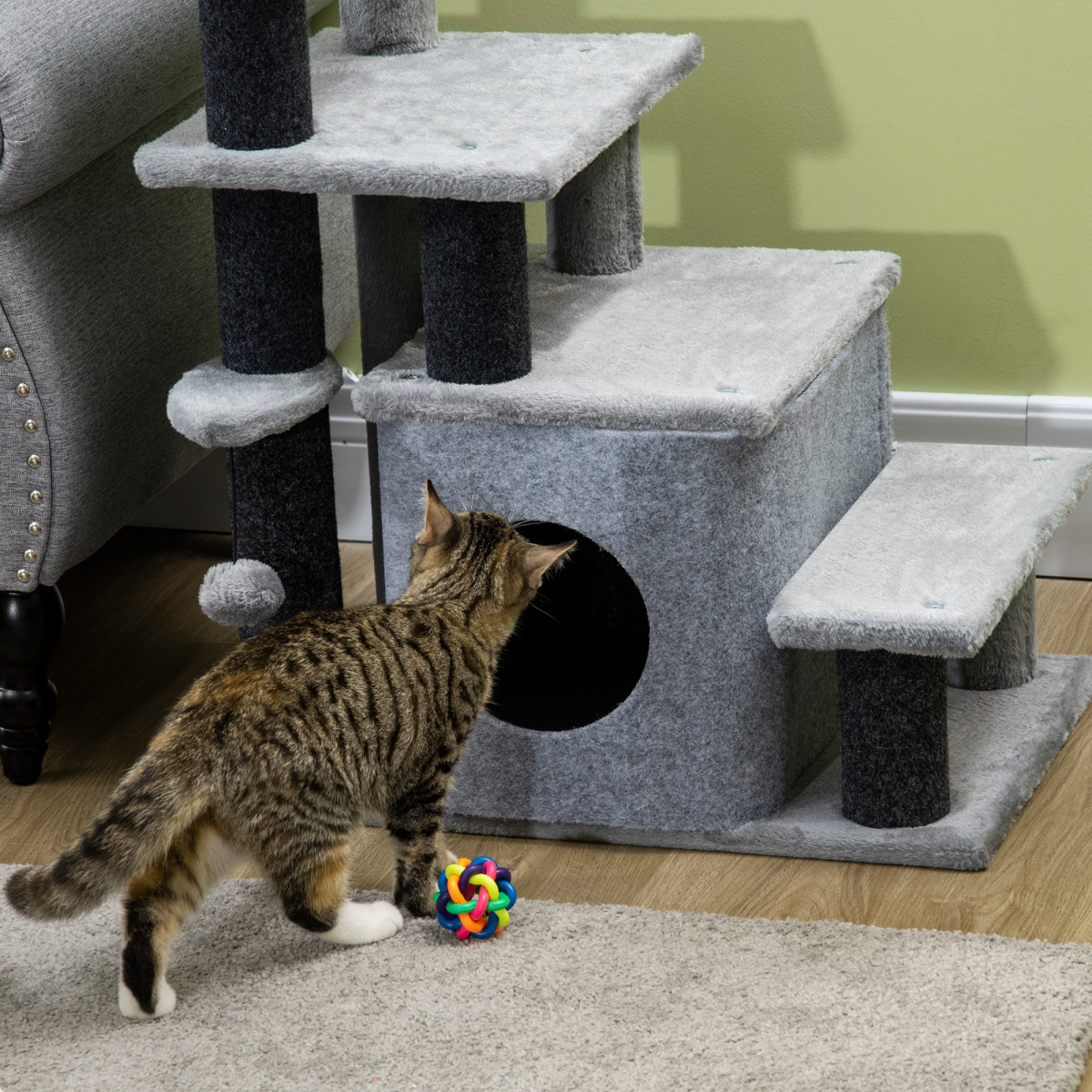Cat Steps for Bed, Sofa Adjustable Height w/ Hanging Ball - Grey Pawhut