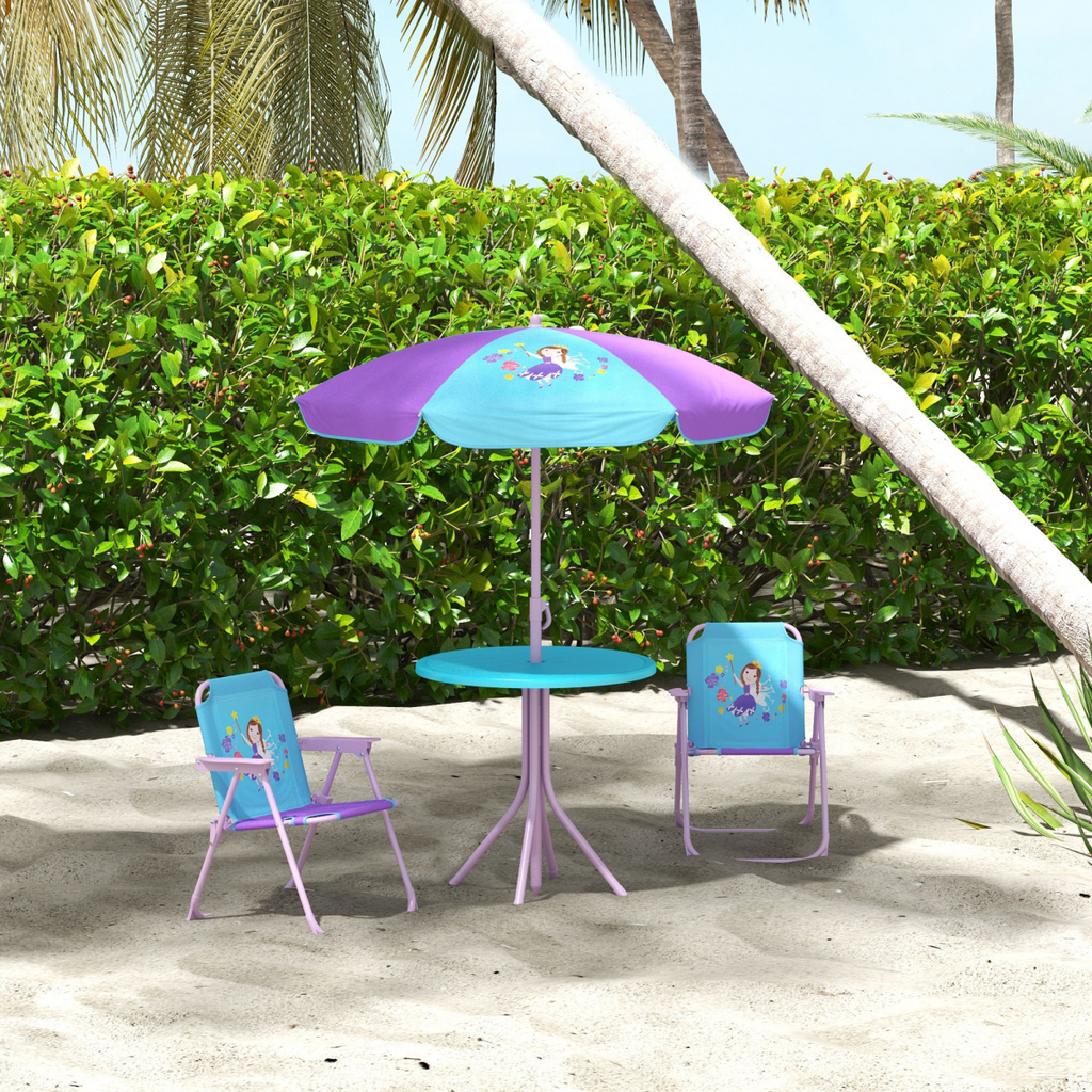 Outsunny Kids Bistro Table and Chair Set with Fairy Theme, Adjustable Parasol
