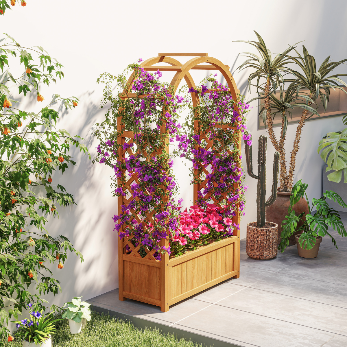 Outsunny Wooden Raised Garden Bed, Trellis Planter w/ Trellis, Fabric Liner