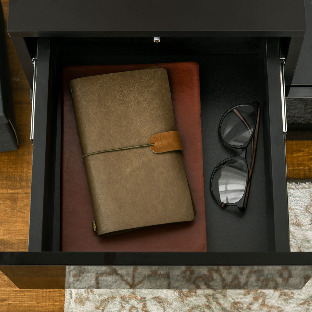 HOMCOM High Gloss Front Bedside Table Nightstand with LED Light Remote Black