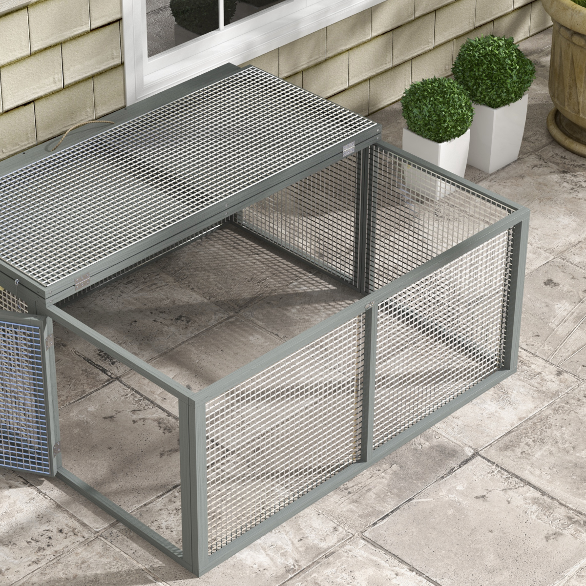 PawHut Wooden Folding Rabbit Run for 2-3 Rabbits, Guinea Pig, Grey