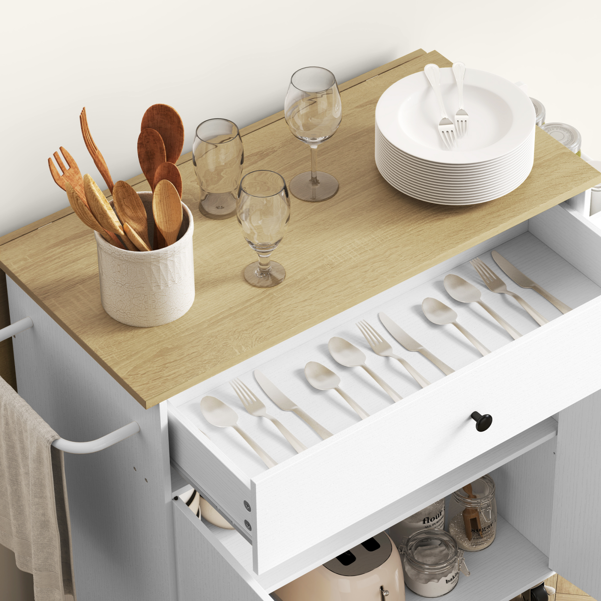 HOMCOM Kitchen Island with Drop Leaf, Rolling Kitchen Storage Trolley, White