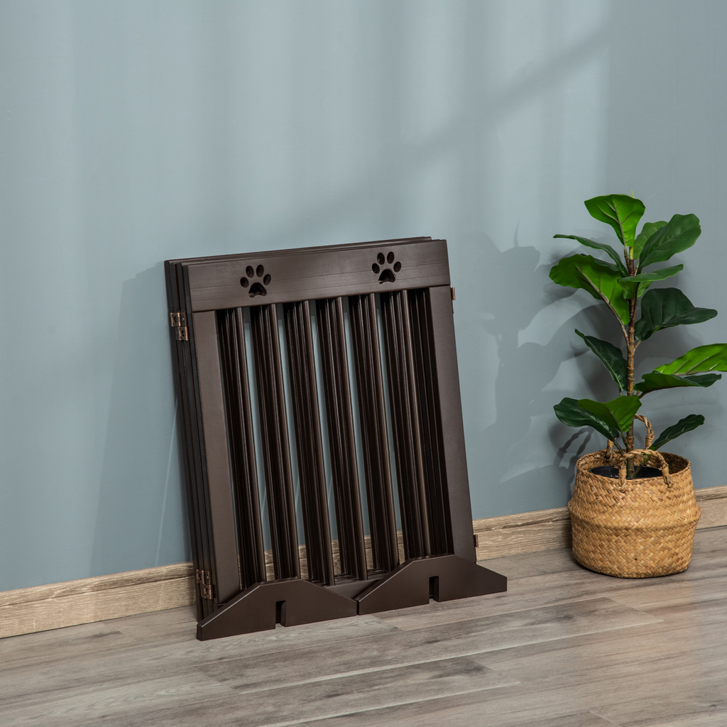 Freestanding Pet Gate 4 Panel Folding Wooden Dog Barrier  w/ Support Feet