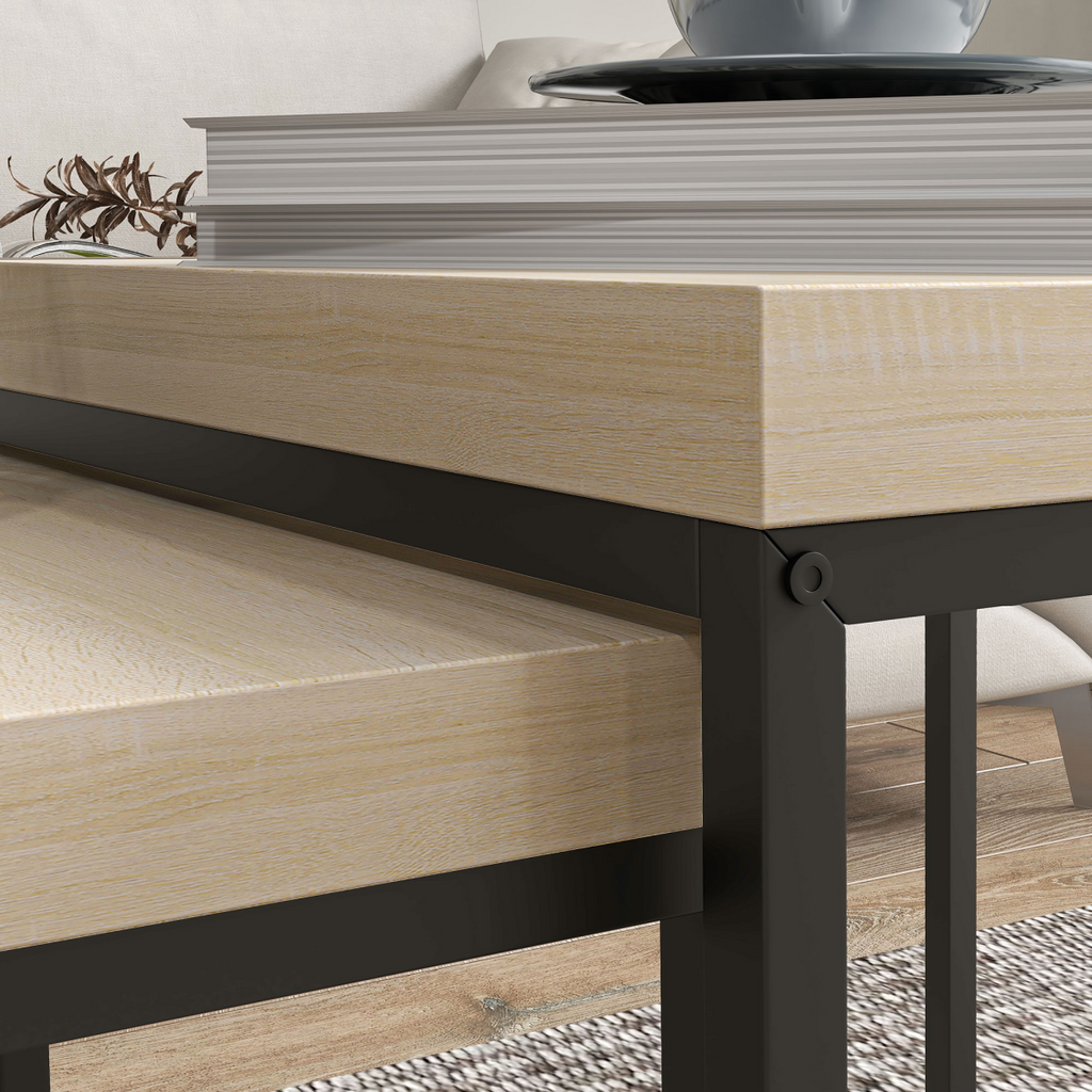 HOMCOM Coffee Table Set of 2, Nest of Tables with 3.5cm Thick Tabletop, Oak