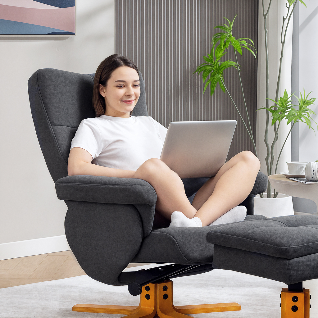 HOMCOM Linen Recliner Chair and Footstool Wooden Base Grey