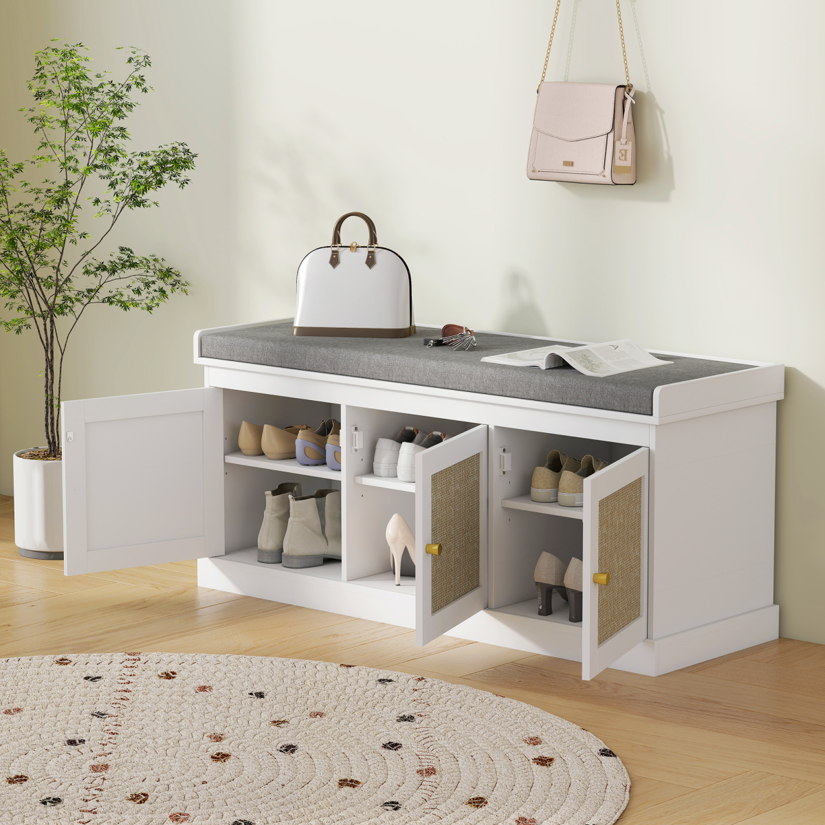HOMCOM Shoe Storage Bench with Rattan Doors, Cushion, Entryway Shoe Bench