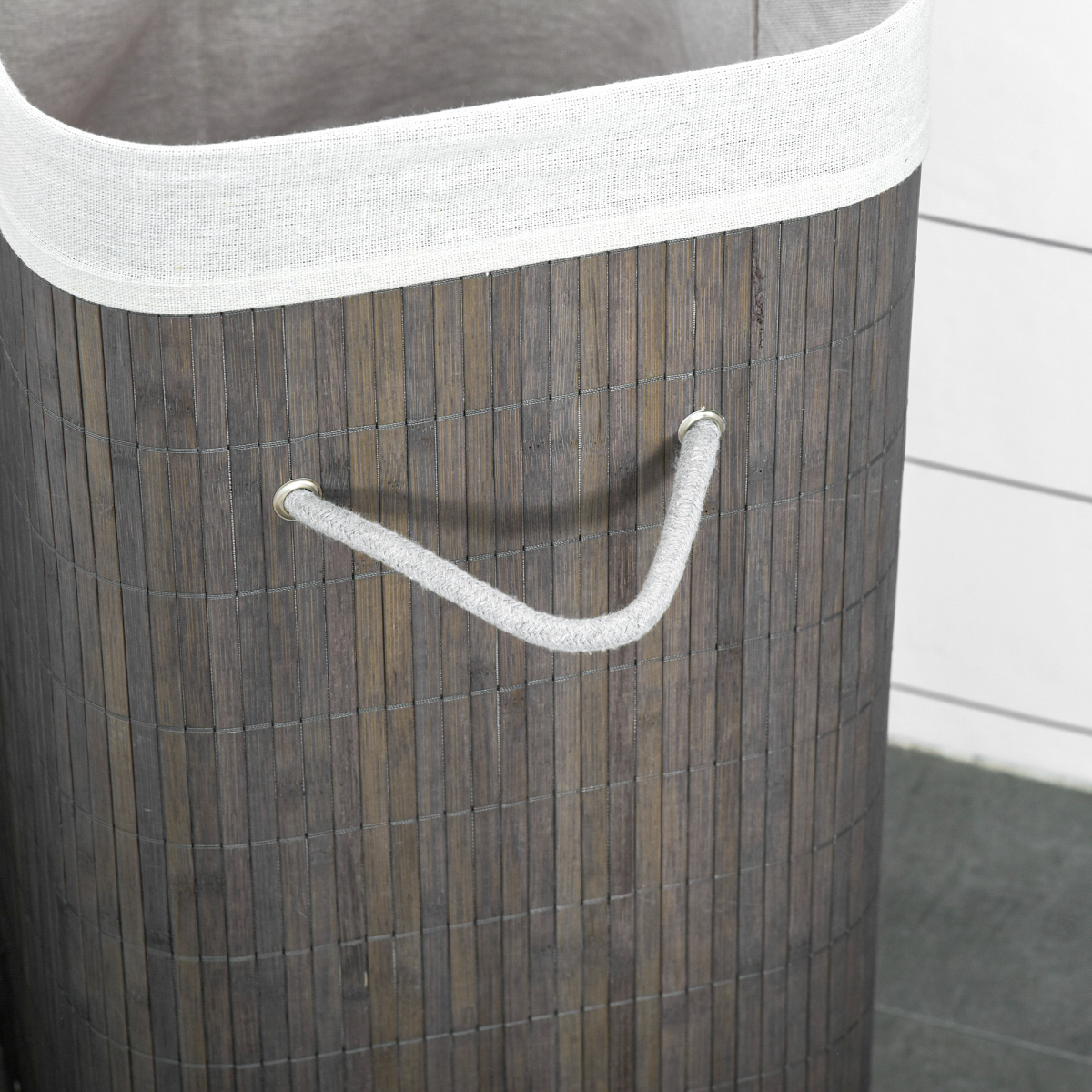 Bamboo Laundry Basket with Flip Lid Foldable, Grey Handles Lining