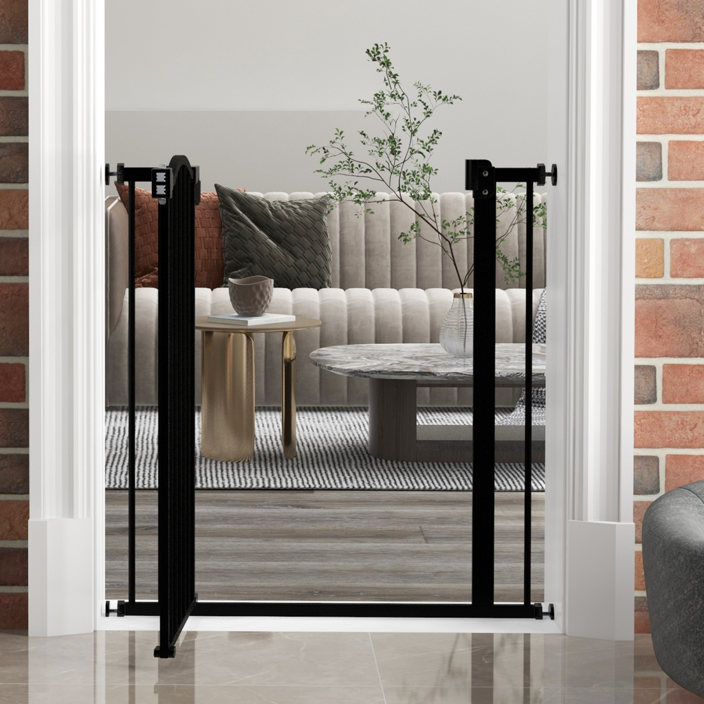 PawHut 74-80cm Adjustable Metal Pet Gate Safety Barrier w/ Auto-Close Black
