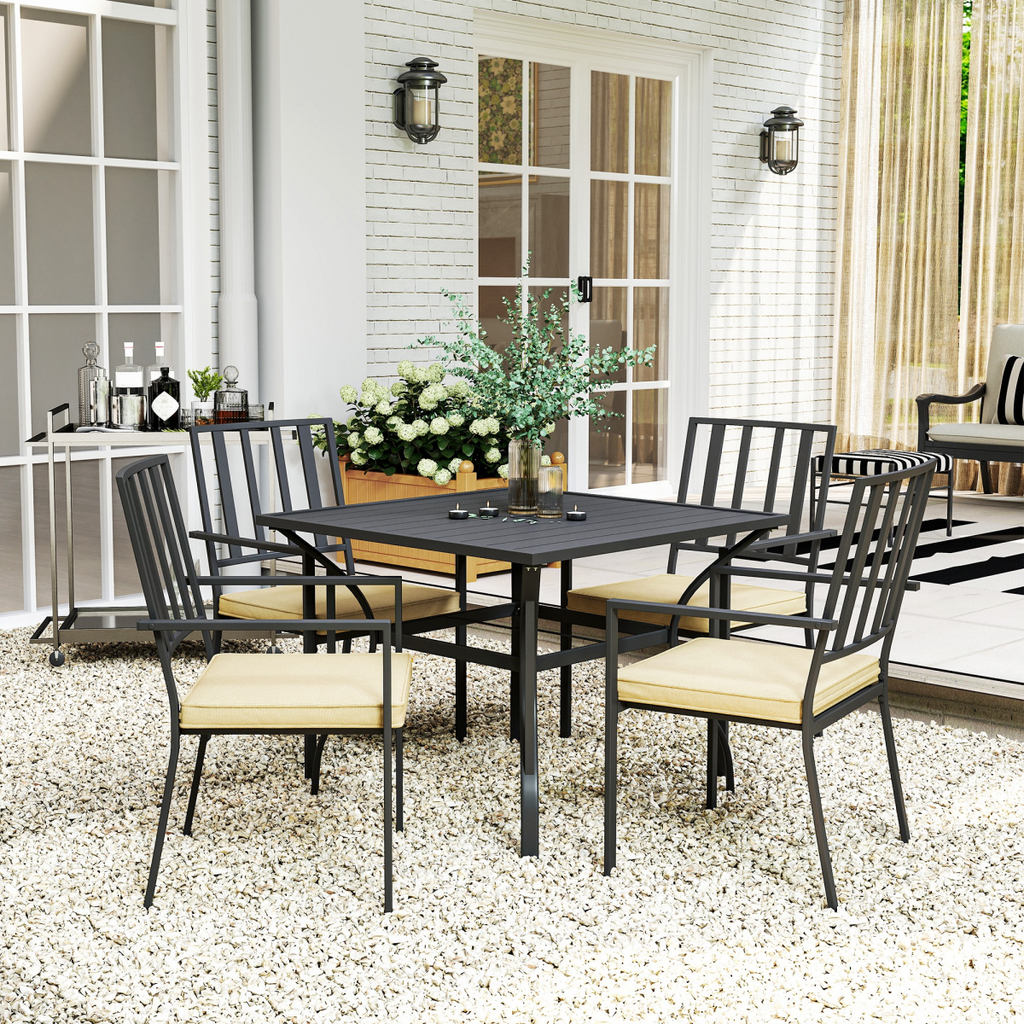 Outsunny Garden Dining Set w/ 4 Stackable Cushioned Chairs and Metal Top Table
