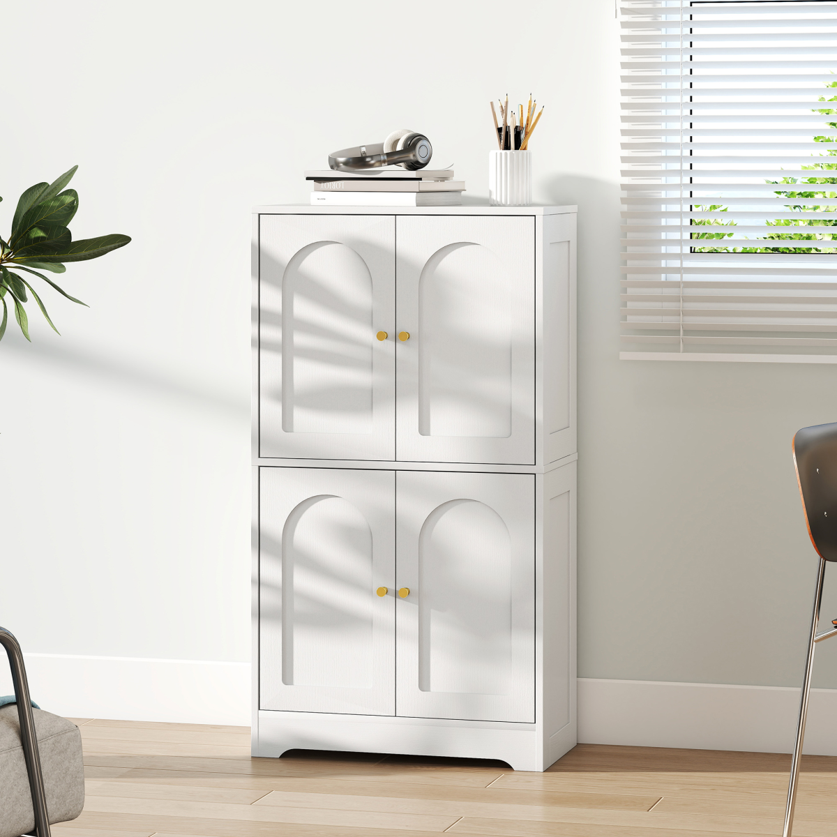 HOMCOM 110cm Kitchen Cupboard with 4 Arched Doors and 2 Adjustable Shelves