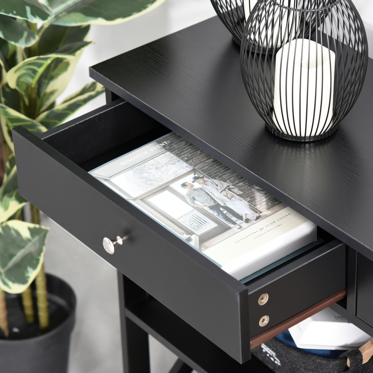 Console Table Side Desk Shelves Drawers Open Top Hallway Black