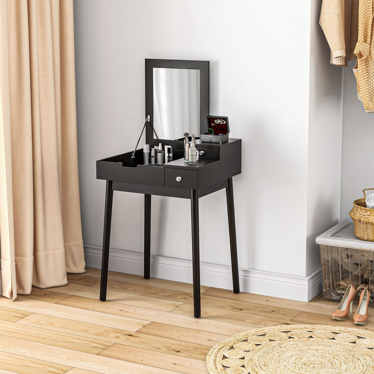 HOMCOM Dressing Table Vanity Desk Flip-up Mirror 2 Drawers, Black