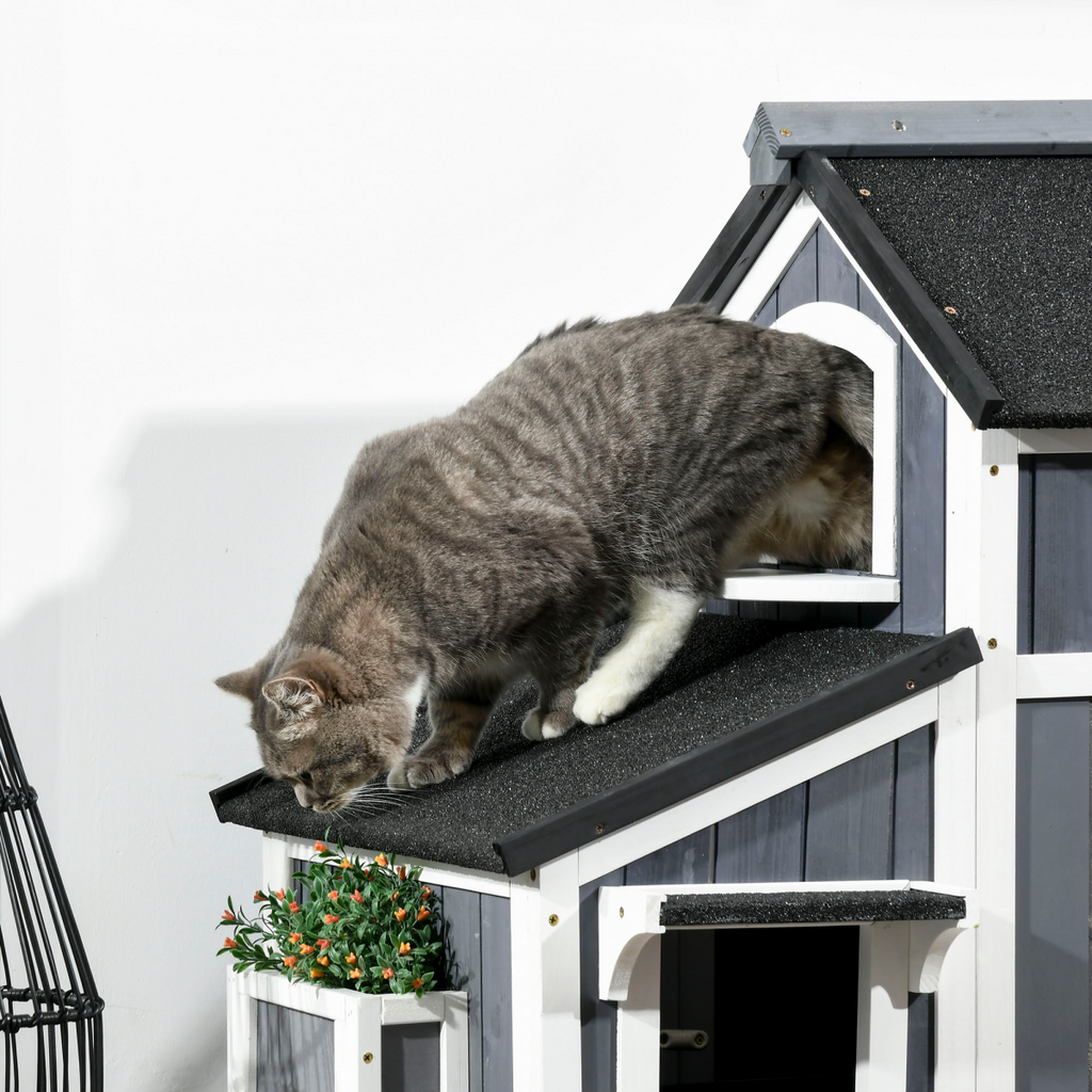 PawHut – Wooden – Cat – House – Outdoor with Flower Pot, – Window, Multiple – Entrances