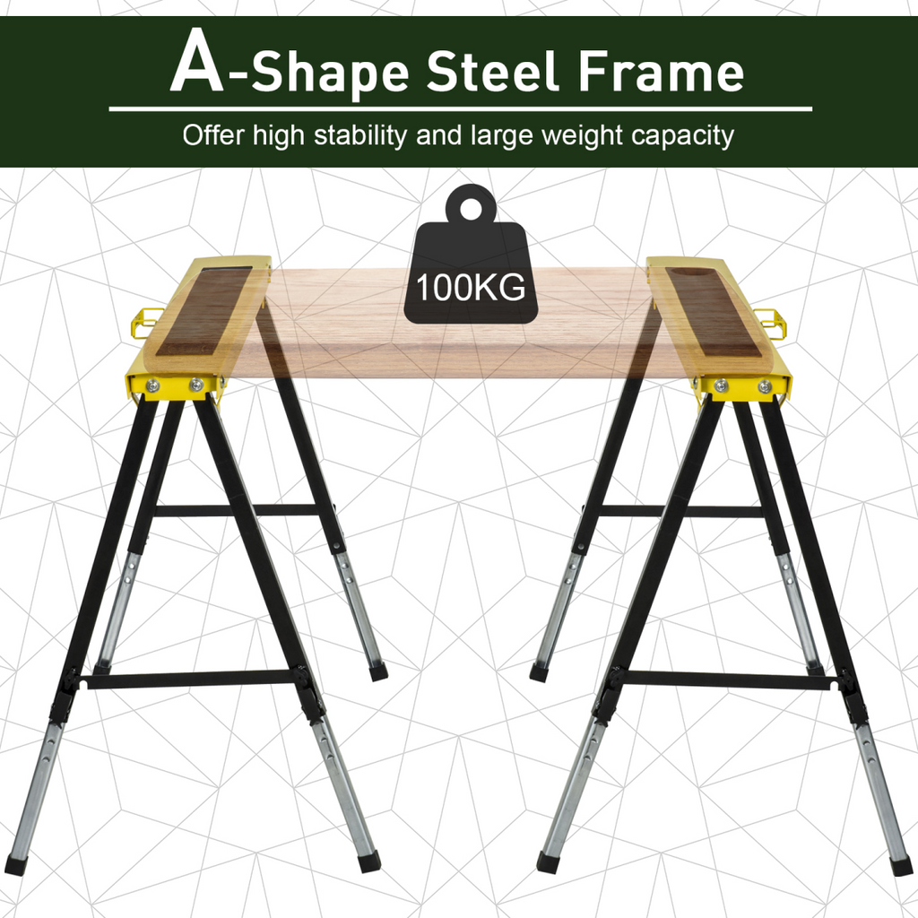 Set of 2 Folding Saw Horses Steel Frame Anti-Slip Platform Handle DIY Durhand