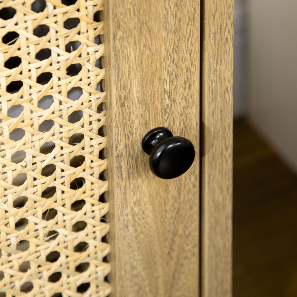 Nightstand, Bedside Table with Drawer and Shelf, End Table with Rattan Element
