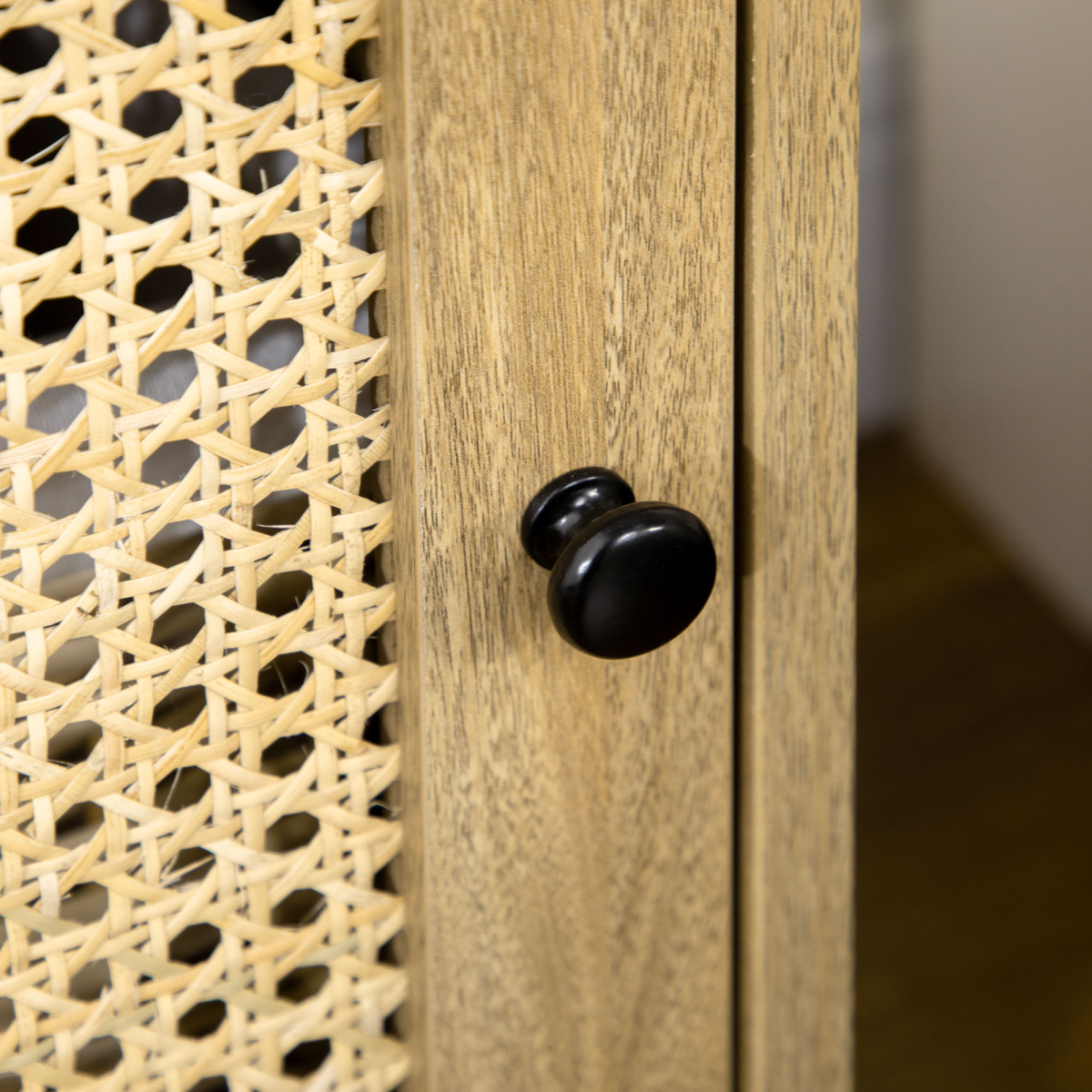 Nightstand, Bedside Table with Drawer and Shelf, End Table with Rattan Element