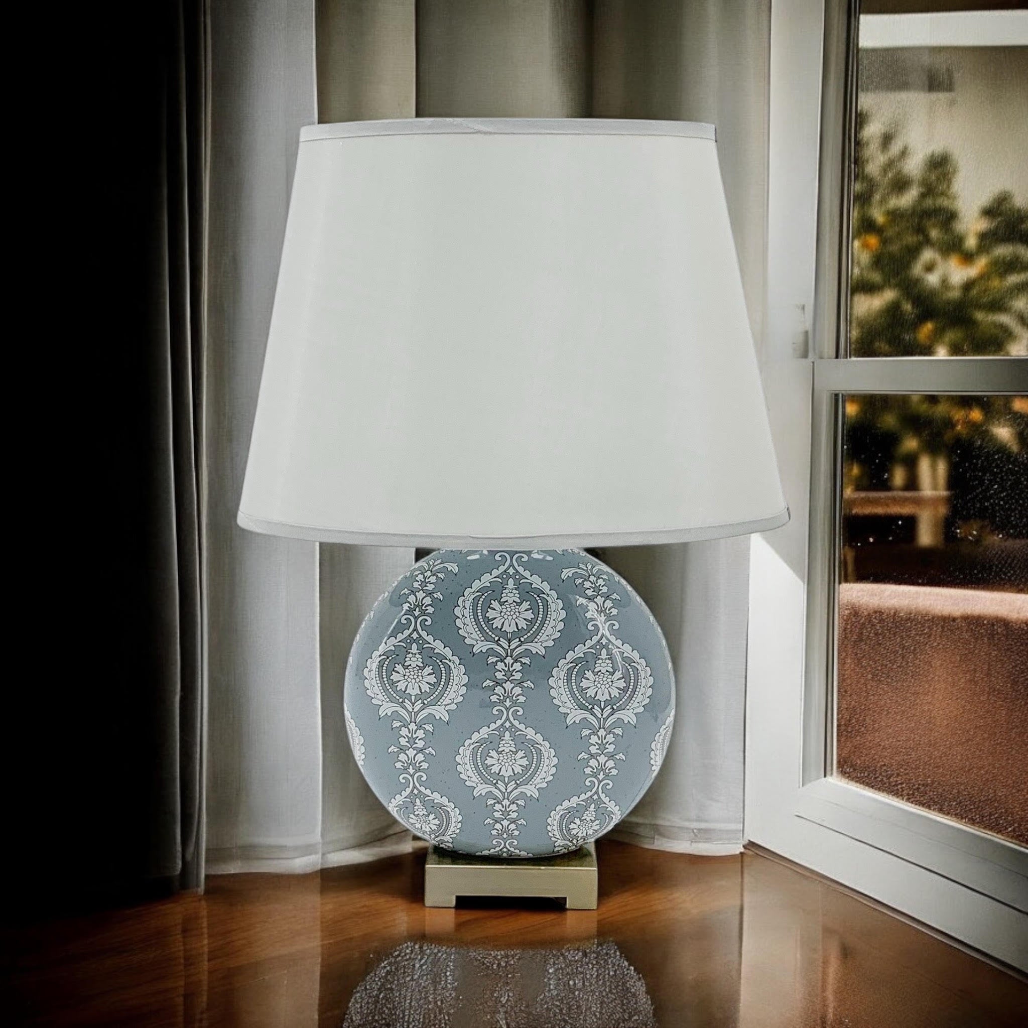 AcaciaHome Oriental Design Large Floral Ceramic Table Lamp with Drum Shade