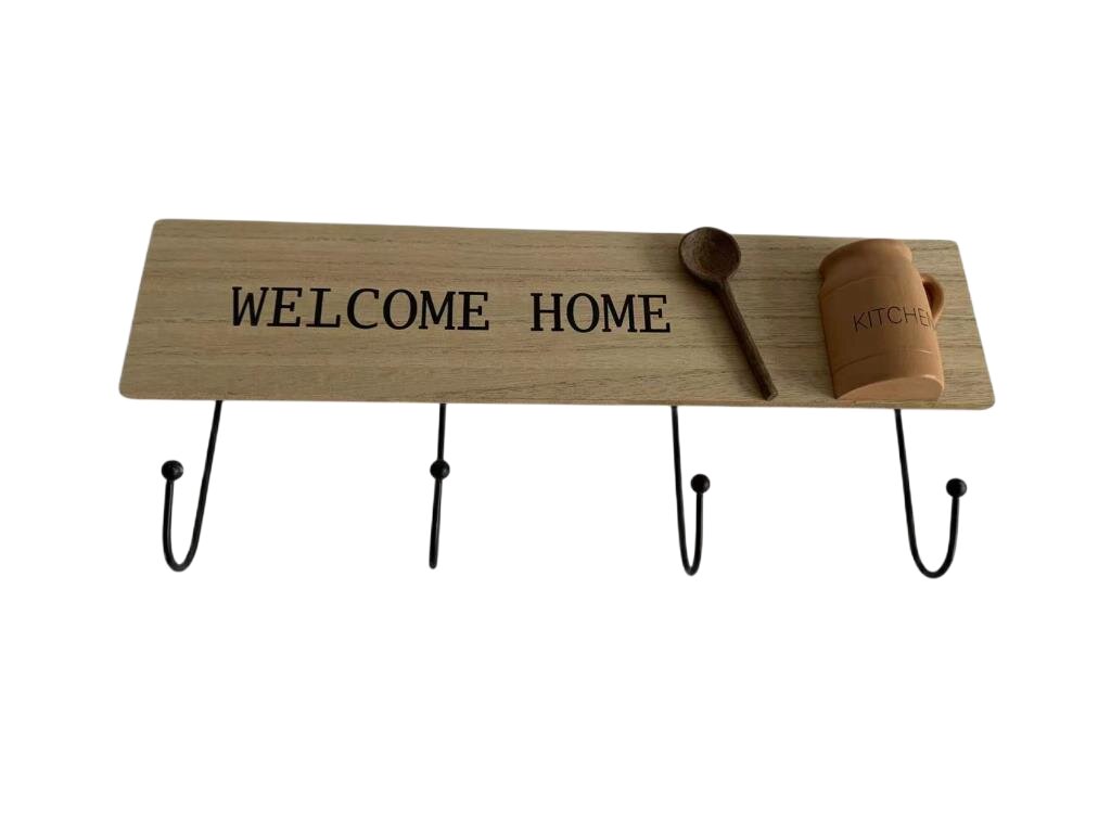 AcaciaHome Durable Wooden Wall Mounted Cup Holder Rack with 4 Iron Hooks