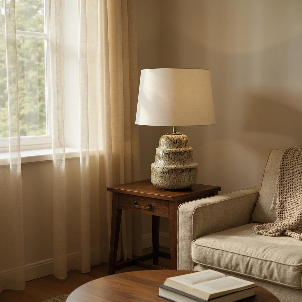 Cream Ceramic Table Lamp with Drum Shade (3 Layer - with 59cm Shade)