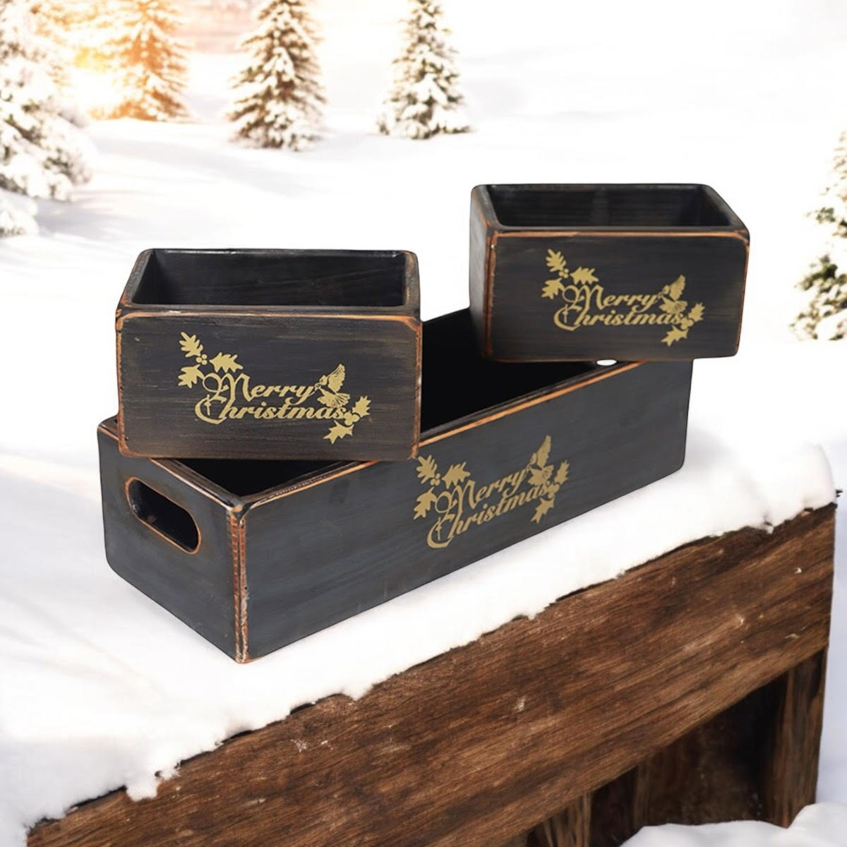 AcaciaHome Stylish and Vintage Wooden Merry Christmas Storage Crate Set (Light Black)
