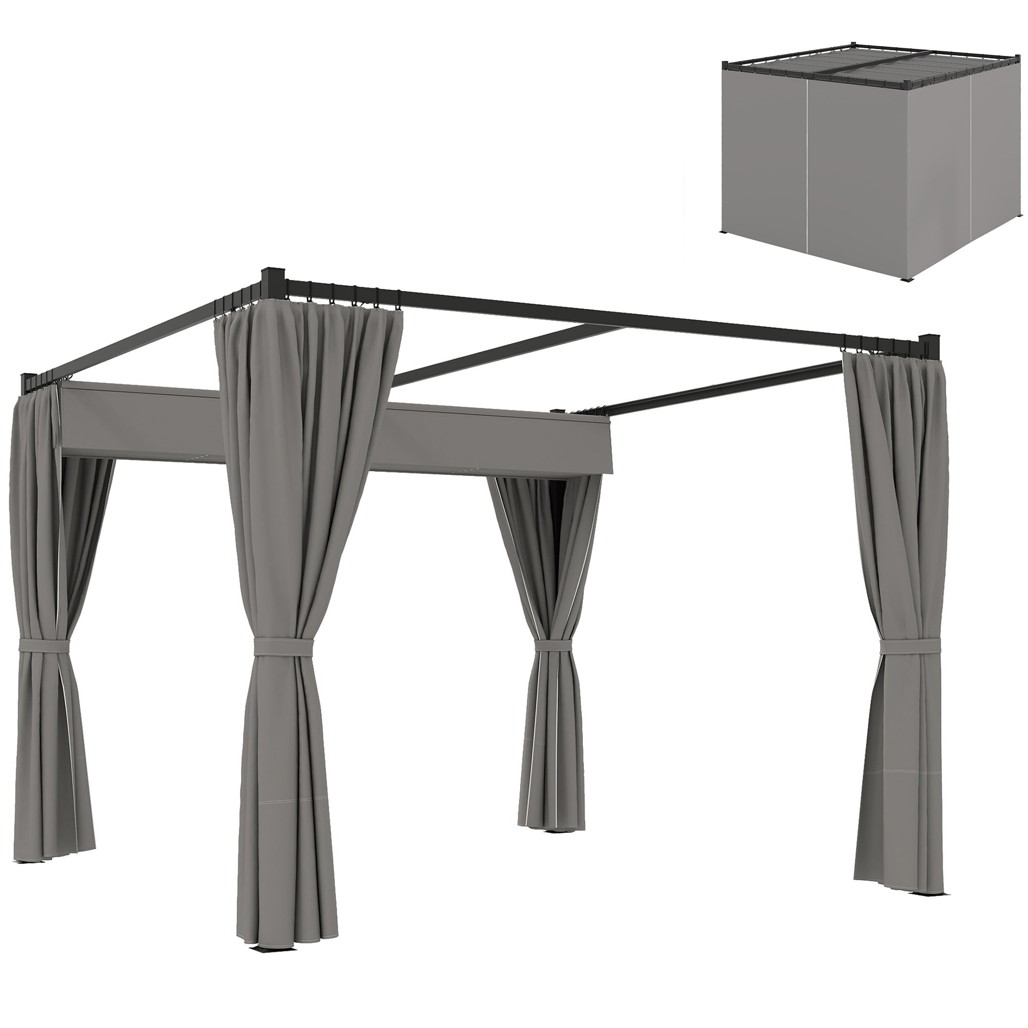 Outsunny 3 x 3(m) Pergola with Retractable Roof and Curtains, Light Grey
