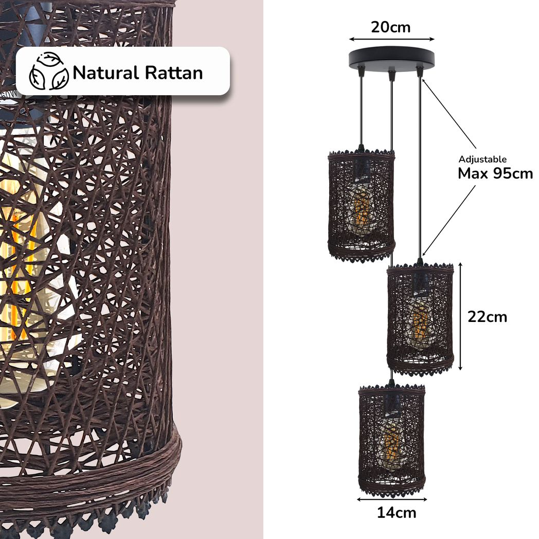3 Head Round Base Natural Wicker Rattan Ceiling Pendant Light Shade E27 Base
