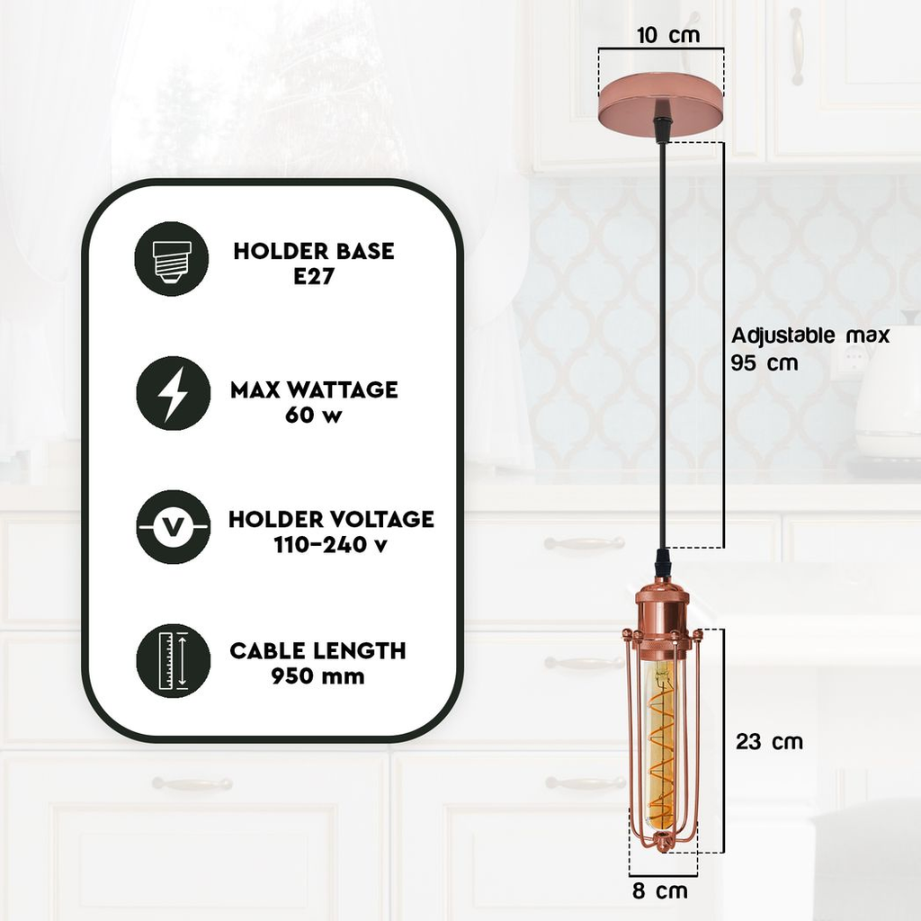 Single Rose Gold Ceiling E27 Pendant Light with Wire Cage