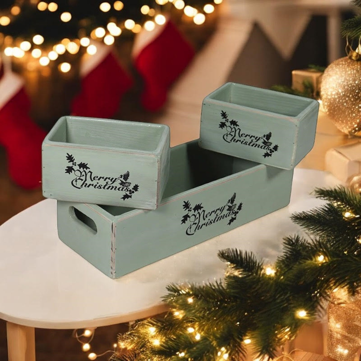 AcaciaHome Stylish and Vintage Wooden Merry Christmas Storage Crate Set (Light Green)