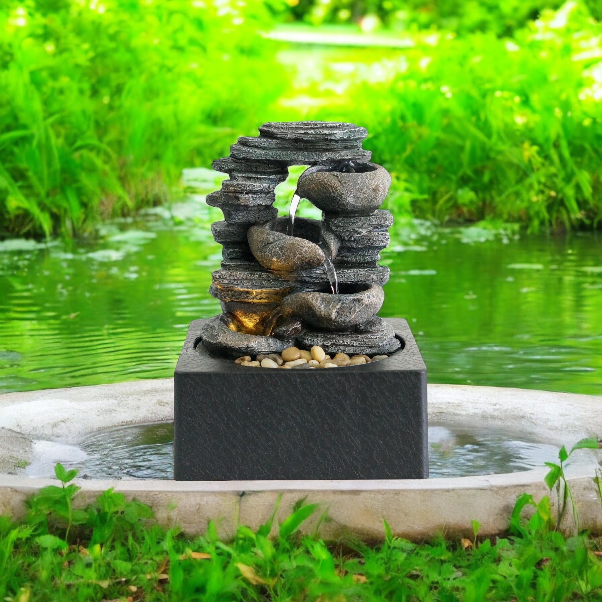 Water Feature Indoor Outdoor LED Fountain (Round Grey Waterfall)