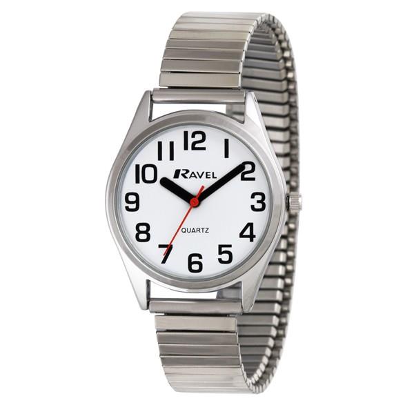 Ravel Mens  Basic Bold Easy Read Expander Bracelet Watch Silver R0225