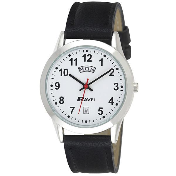 Ravel Men's Stainless Steel Day/Date Faux Leather Strap Watch R0706.20.1